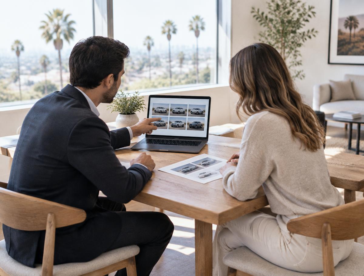 Two people reviewing vehicle options together on a laptop at a sunlit table