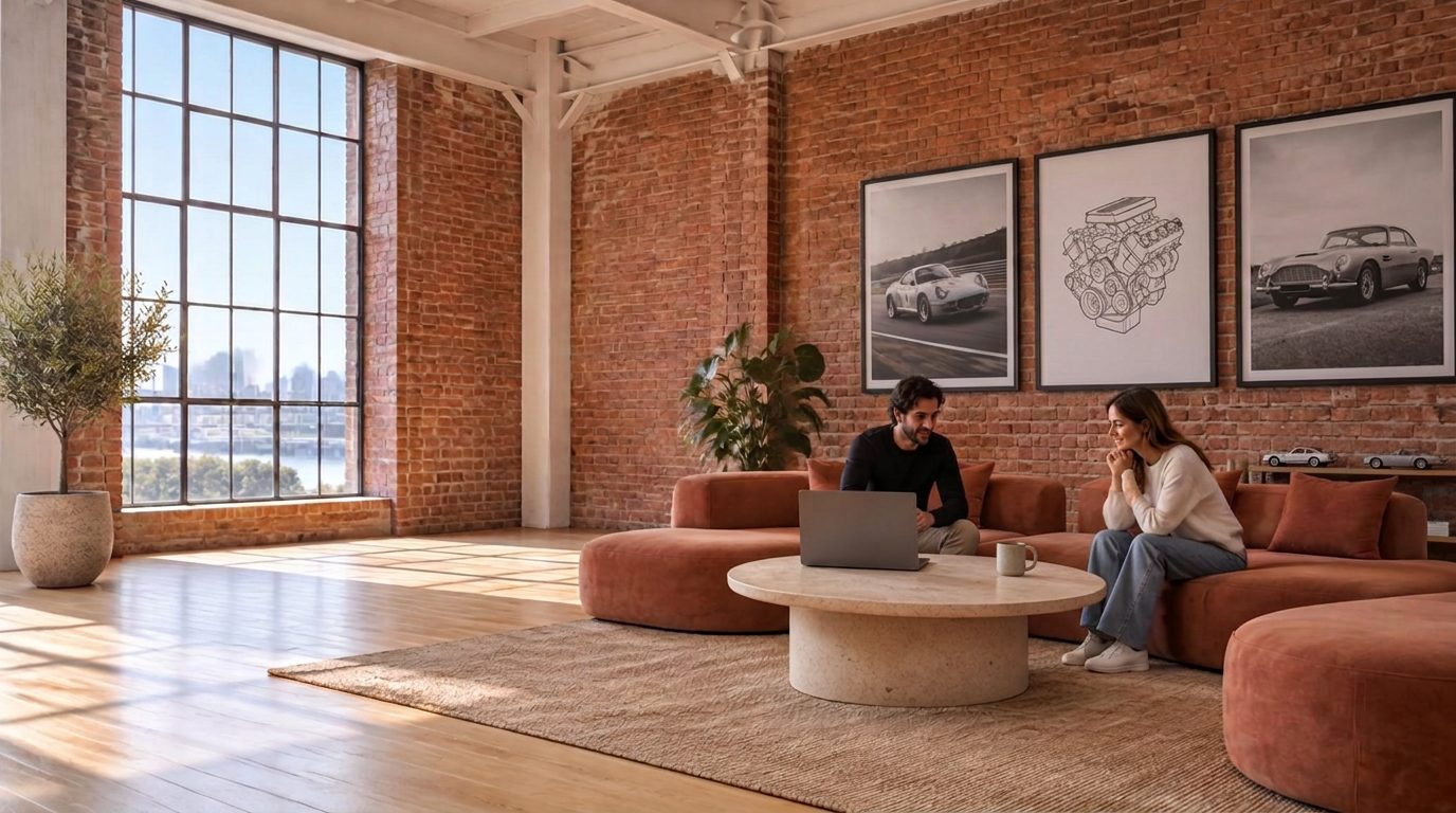 Two casually dressed people talking across a low table with a laptop and a mug in a converted loft studio with brick walls and tall industrial windows