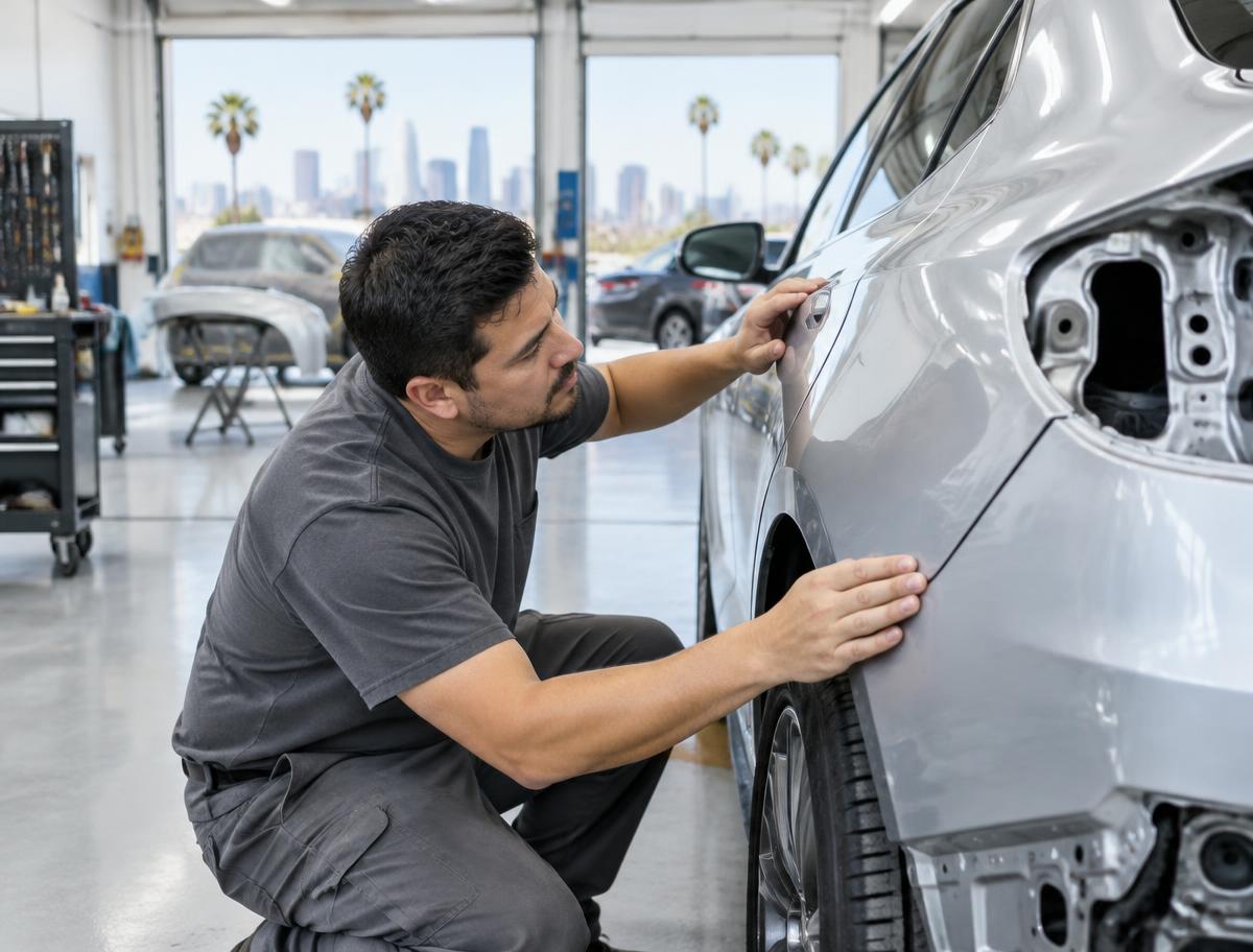 A technician inspecting a repaired silver body panel in a bright collision workshop