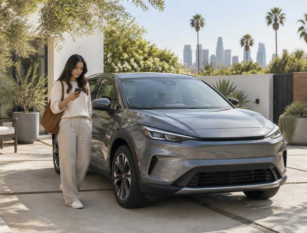 A person checking a phone beside a gray crossover in a sunny Los Angeles courtyard