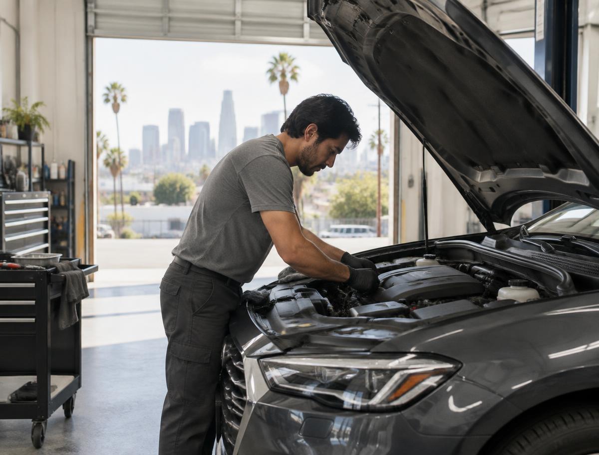 A mechanic working beneath the open hood of a gray car in a daylight-filled service bay