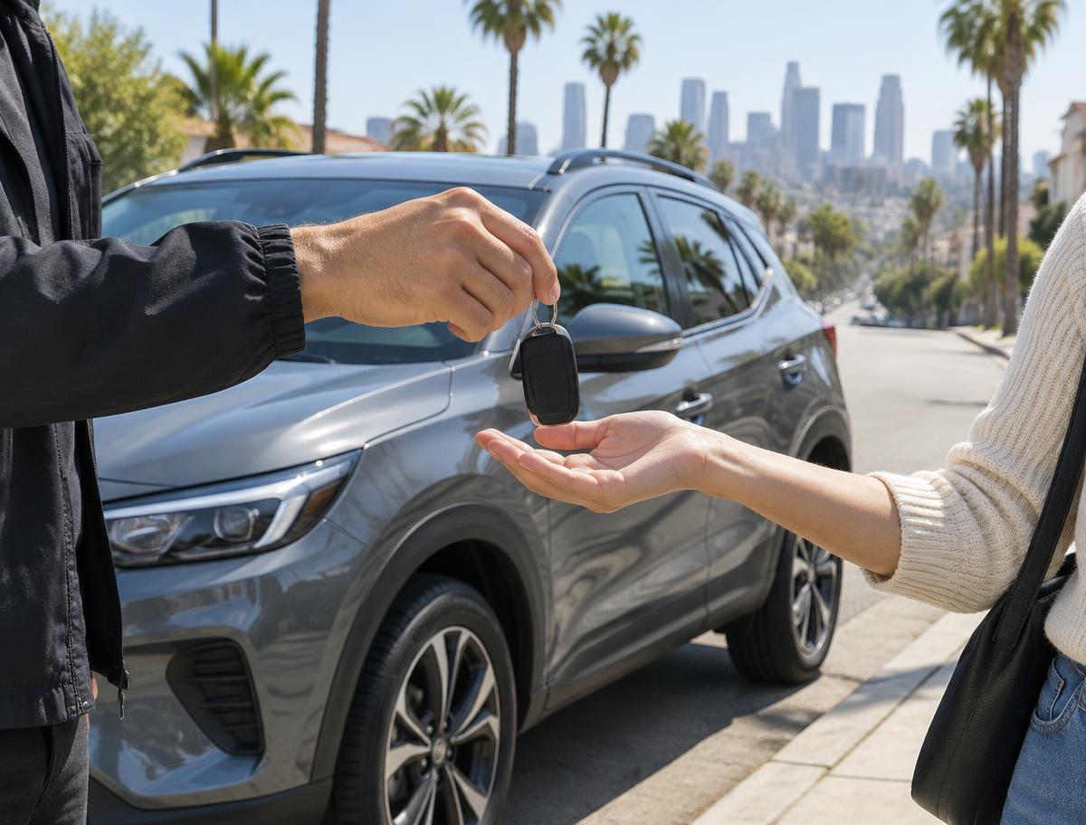 A car key being handed over beside a gray crossover on a sunny Los Angeles street