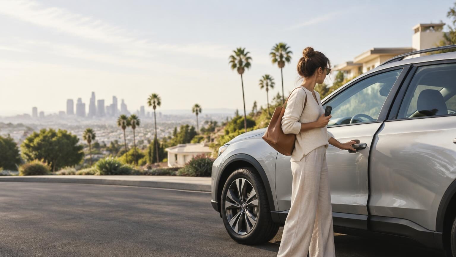 A person beside a silver car on a sunny Los Angeles hillside