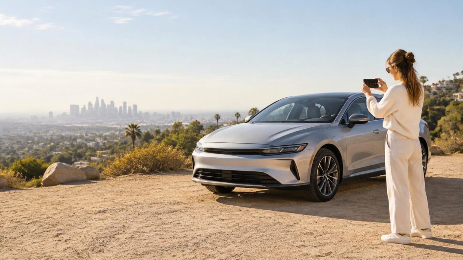 A person filming a silver car with a phone at a sunny Los Angeles overlook