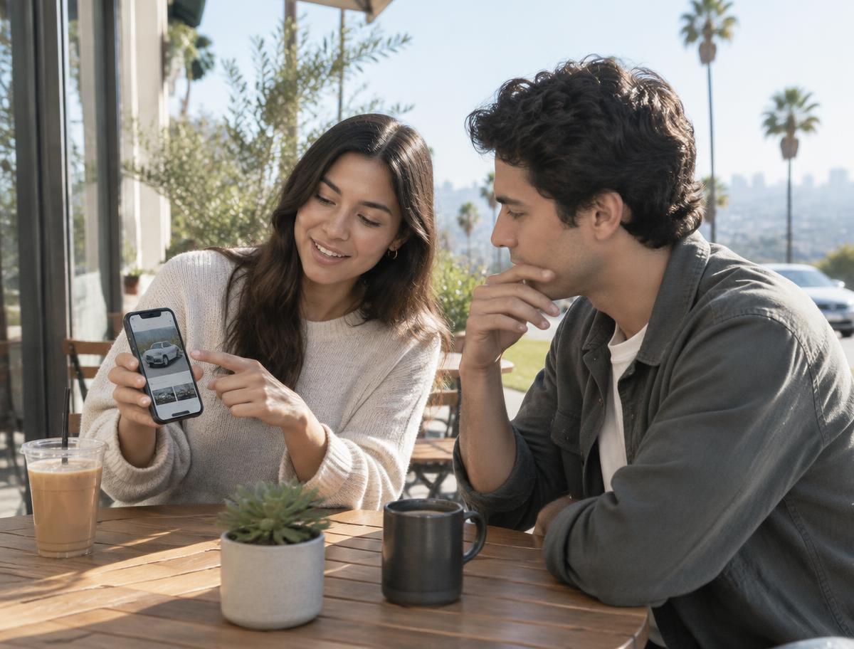 Two people discussing a car listing on a phone at a sunny Los Angeles cafe