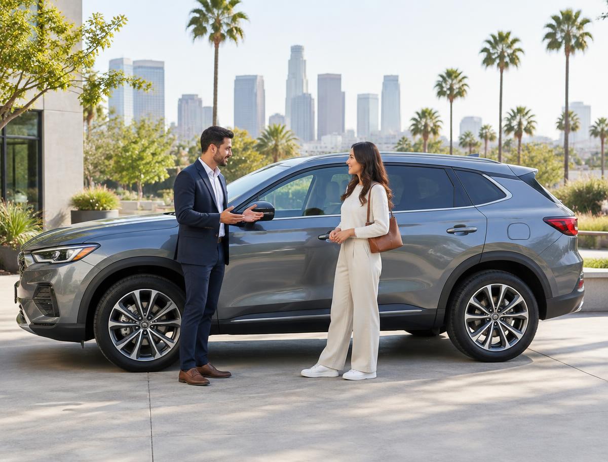 A salesperson speaking with a buyer beside a gray crossover in a bright Los Angeles courtyard