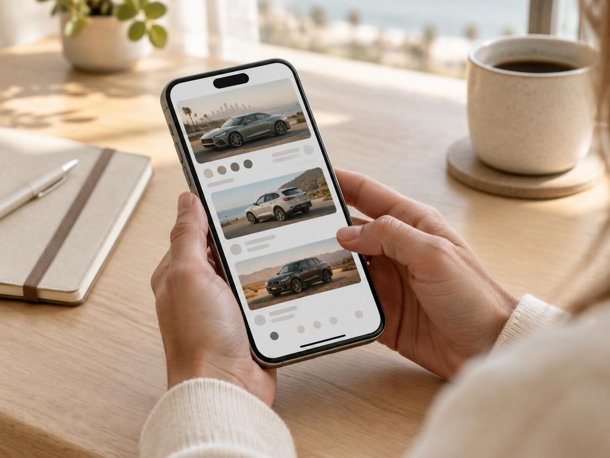 Hands browsing pictures of cars on a phone at a pale wooden table