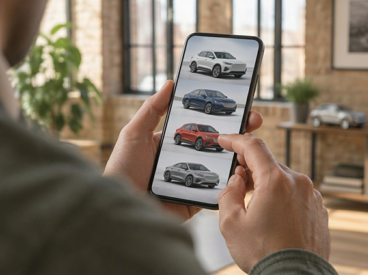 Hands comparing new cars on a phone in a bright loft studio