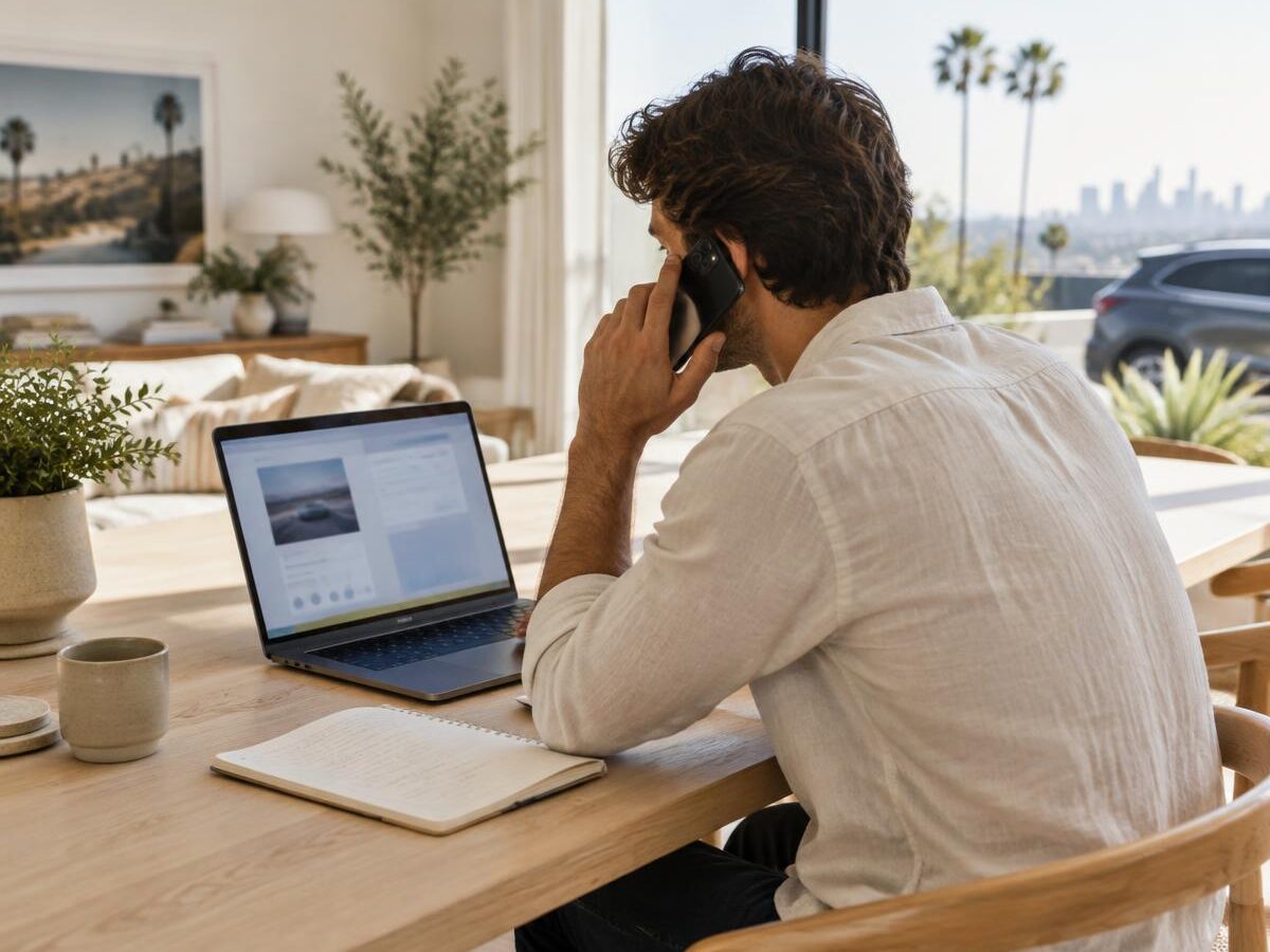 A person speaking on a phone beside an open laptop and notebook