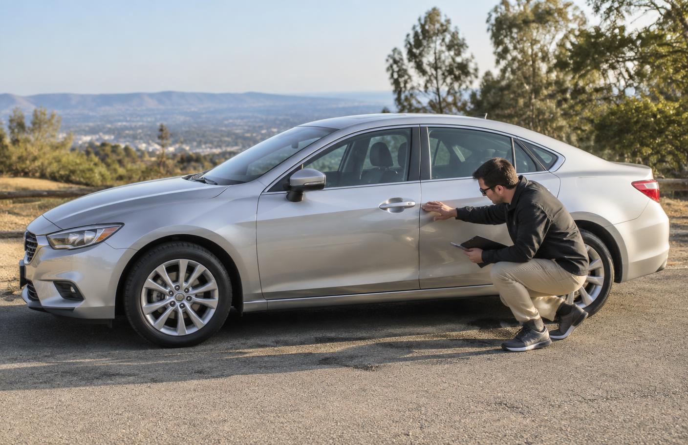 An inspector checking the panel alignment and paint on a used car