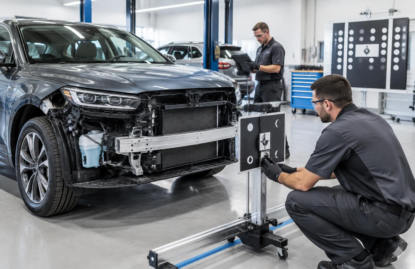 Technicians recalibrating driver-assistance sensors on a car in a collision repair shop