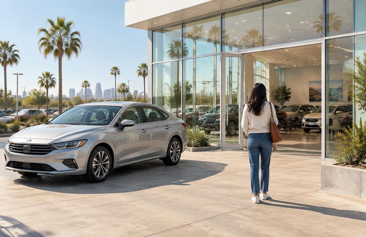 A buyer approaching a new-car showroom in Los Angeles