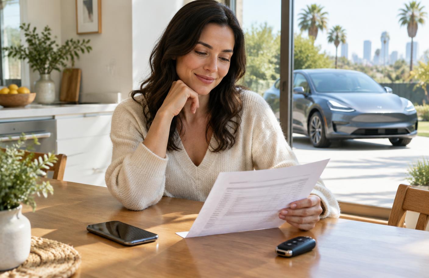 A buyer calmly reviewing an itemised car offer at home