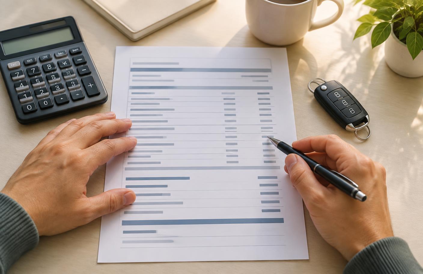 Hands reviewing an itemised vehicle purchase worksheet