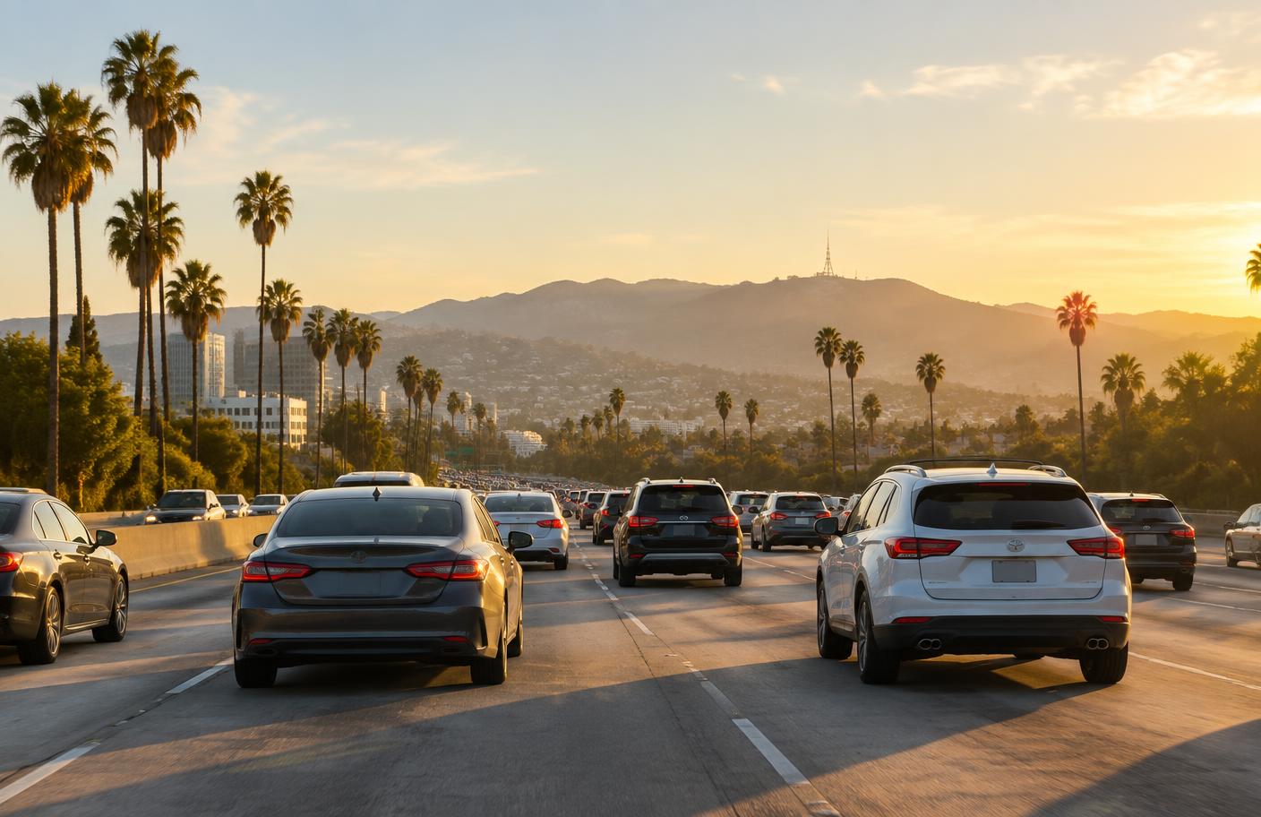 Steady traffic on a Los Angeles freeway in late afternoon light