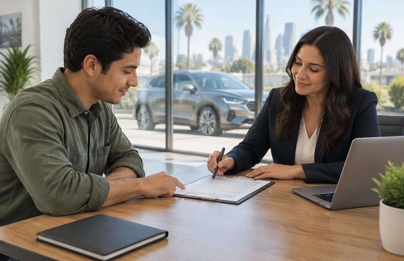 A buyer reviewing a vehicle finance application with a professional