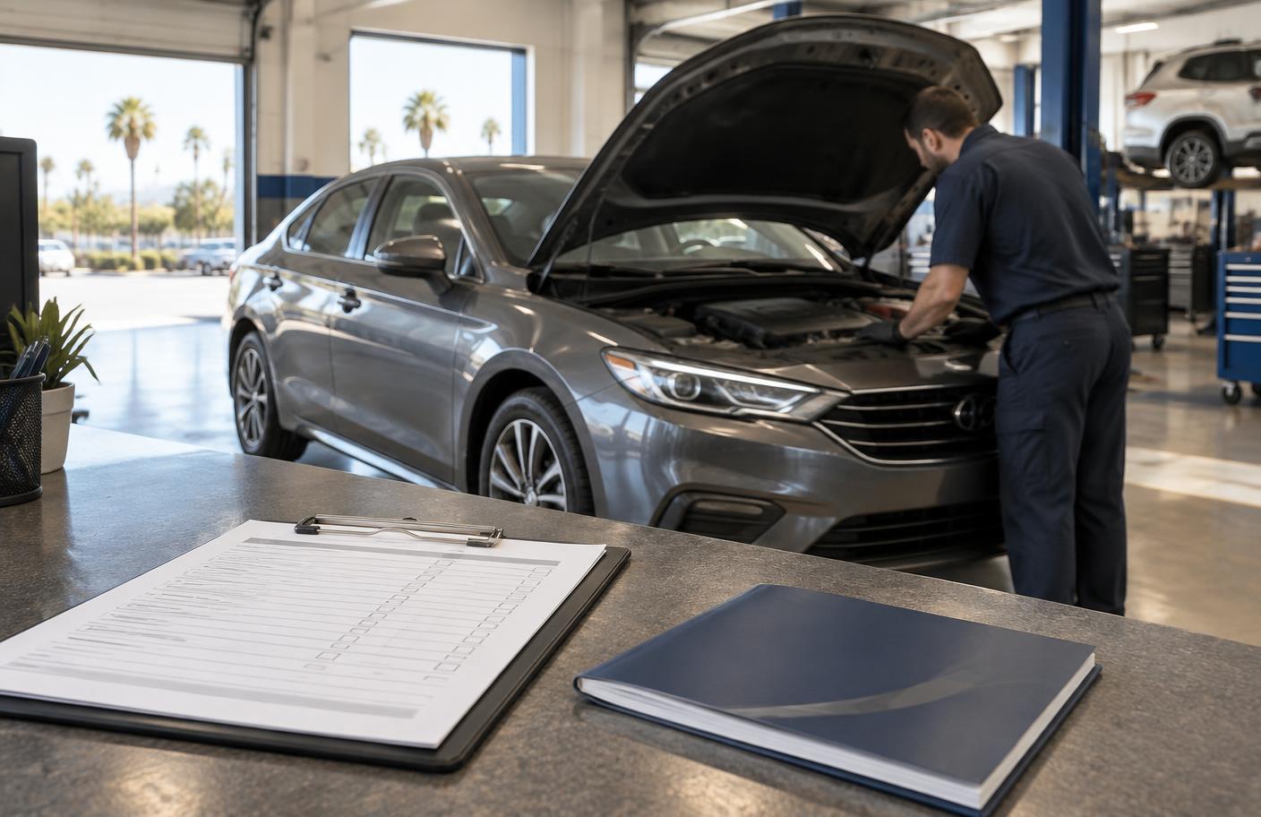 A technician checking a car beside its inspection and warranty documents