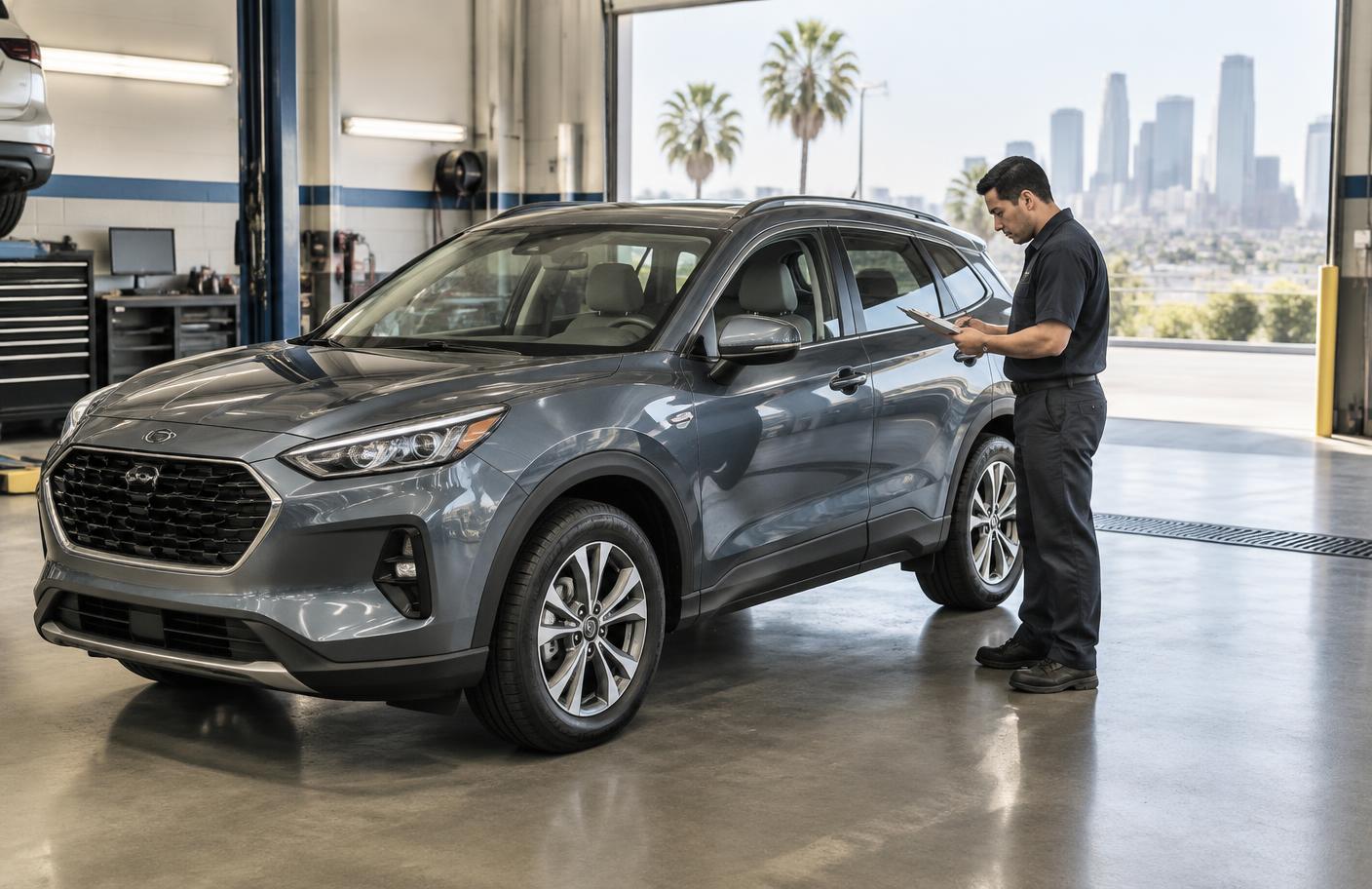 A technician inspecting a late-model crossover in a Los Angeles service bay
