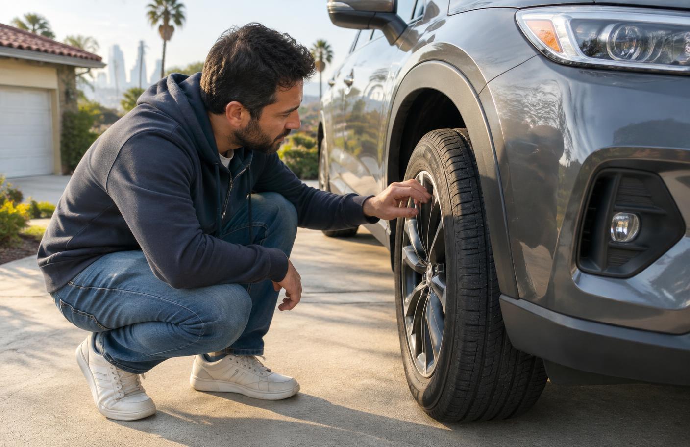 A car owner checking tyre tread on a Los Angeles driveway