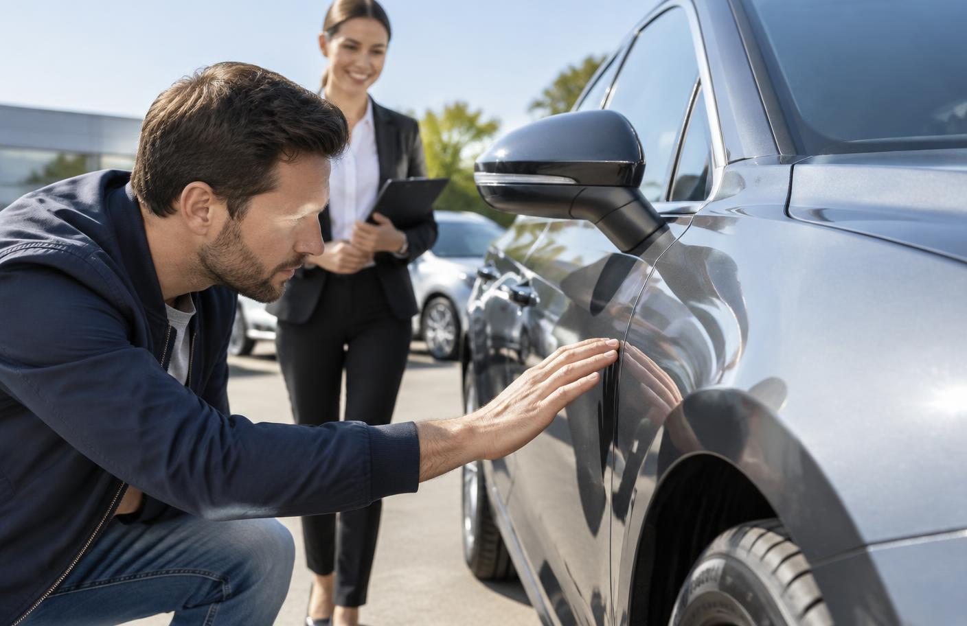 A buyer inspecting the paintwork of a new car in daylight at handover