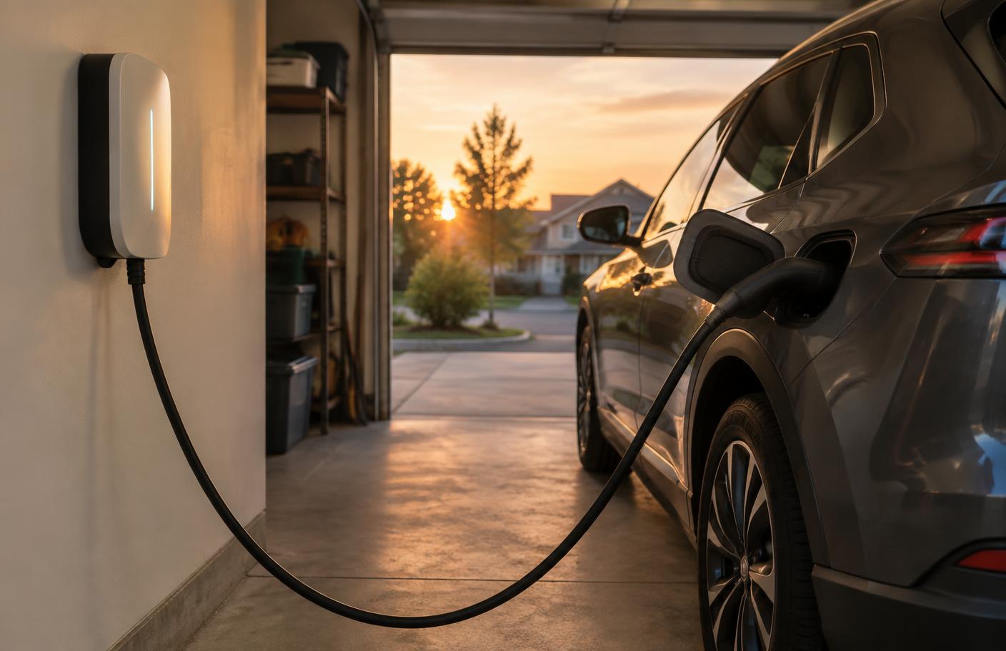 A home wall charger connected to an electric car in a residential garage