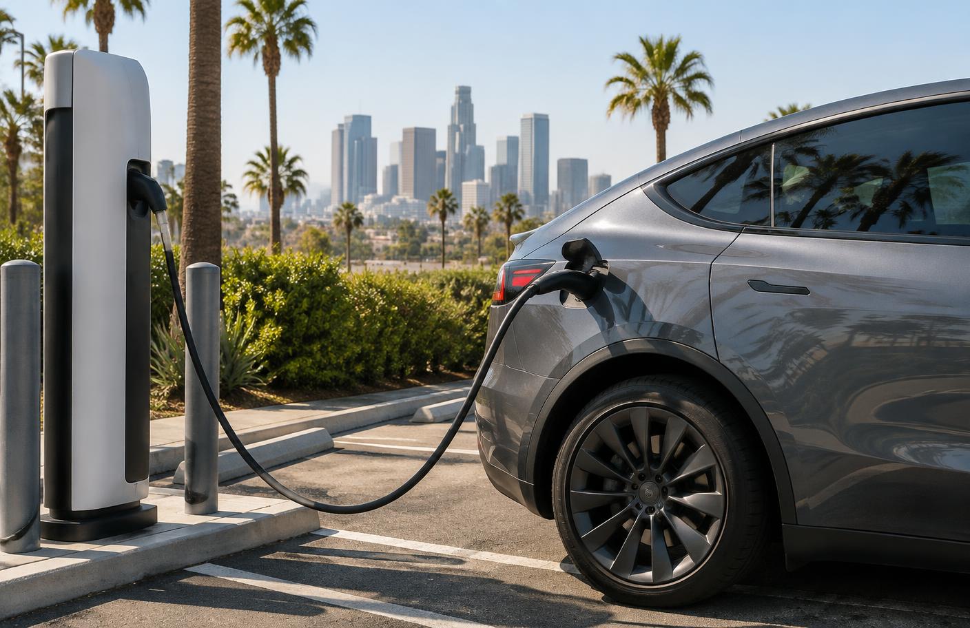 An electric car charging at a public station in Los Angeles
