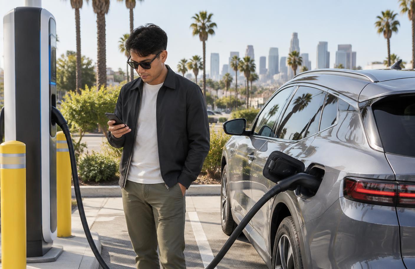 A driver waiting beside an electric car at a rapid charging bay