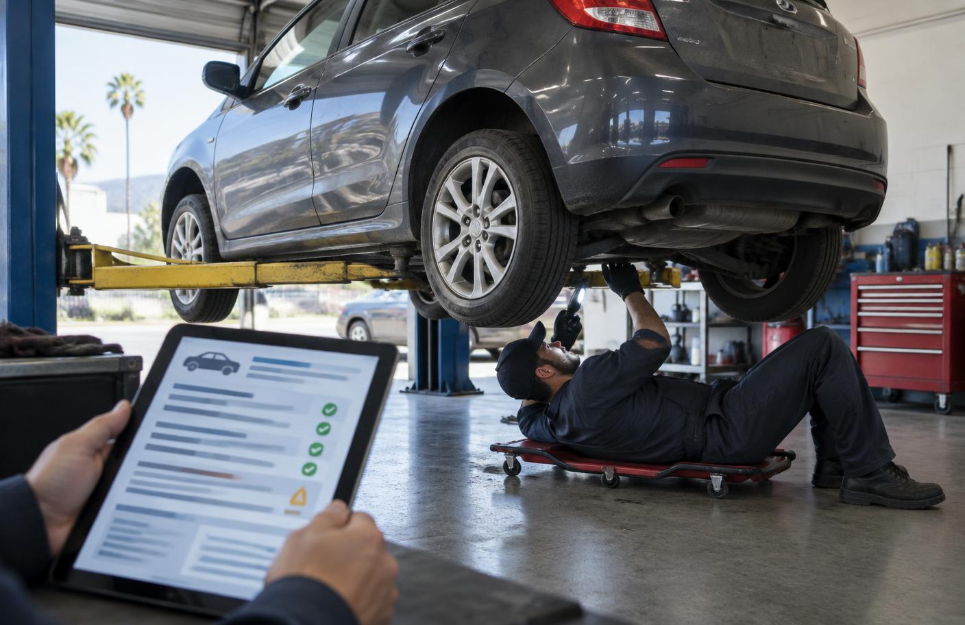 An independent mechanic inspecting a used car while its history report is reviewed