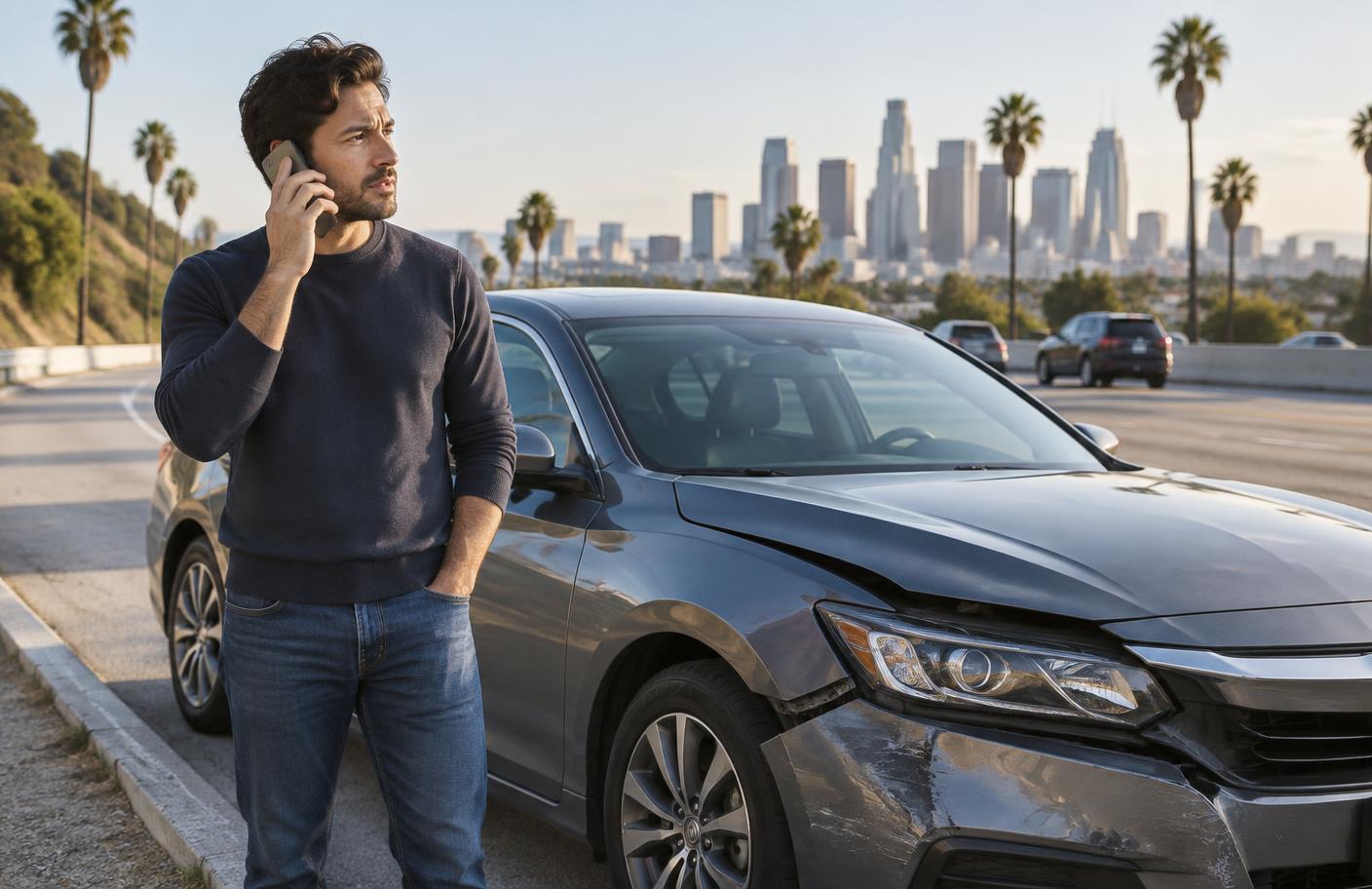 A driver making a phone call beside a damaged car at the roadside