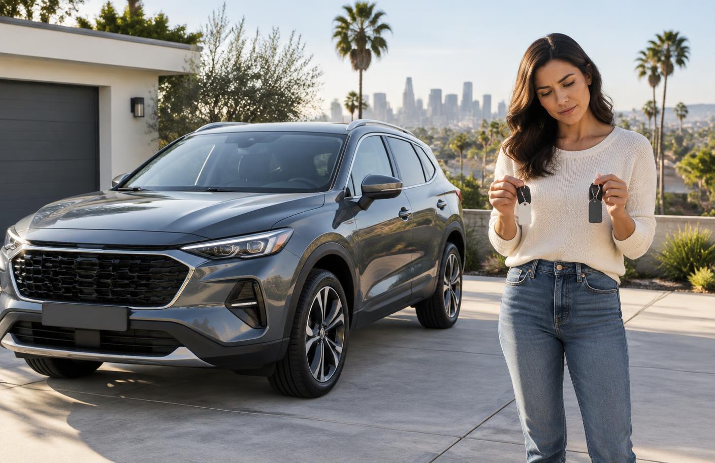 A driver considering two sets of keys beside a new crossover