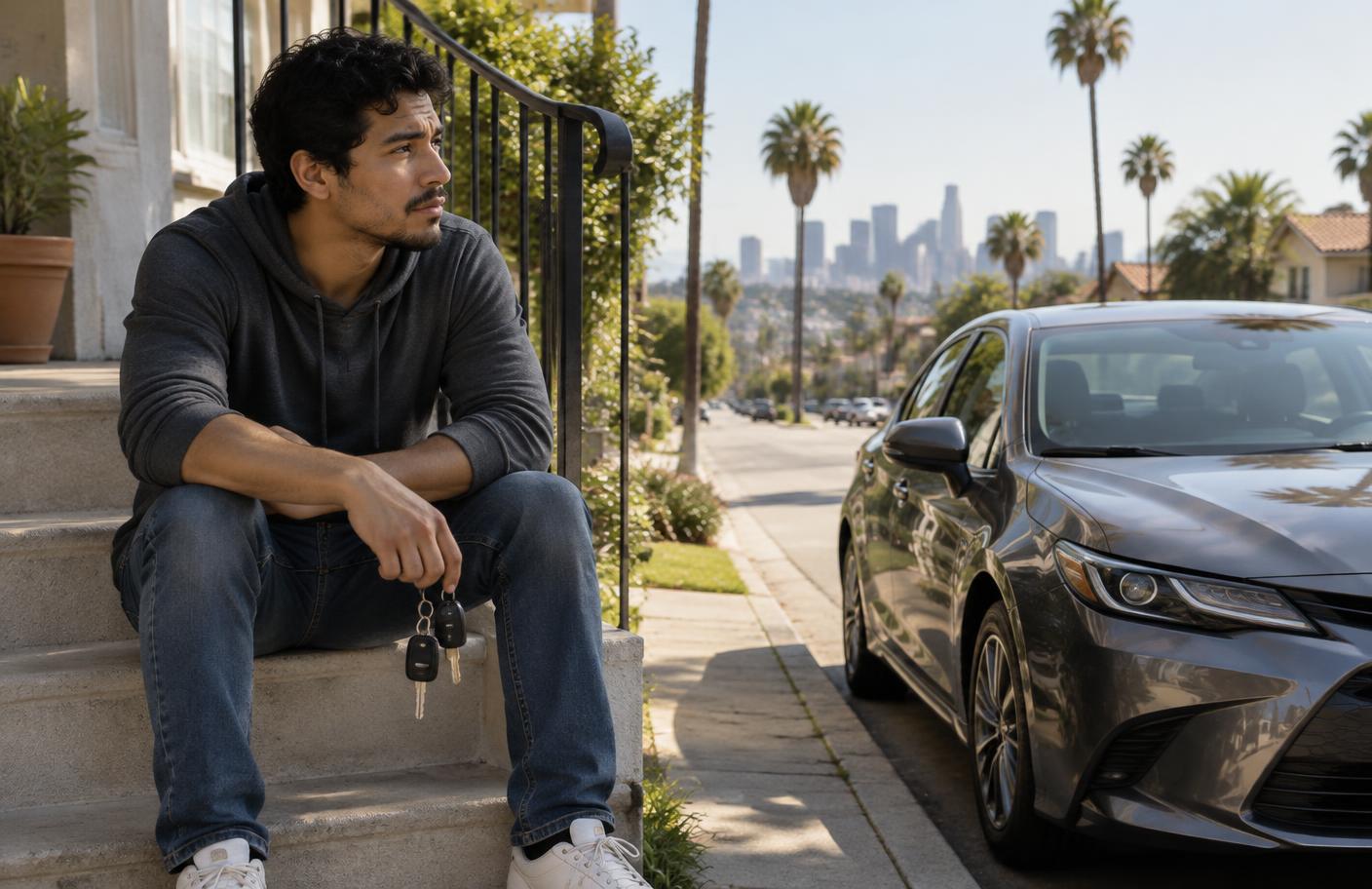 A driver sitting outside their home holding the keys to their car