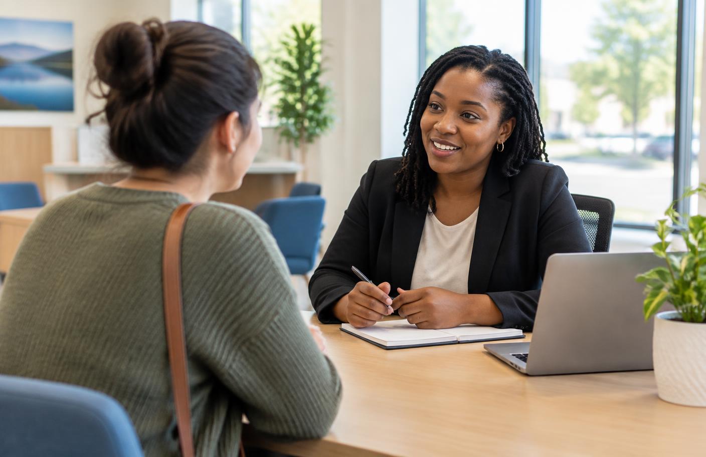 A borrower talking with a lender across a desk in a bright branch office