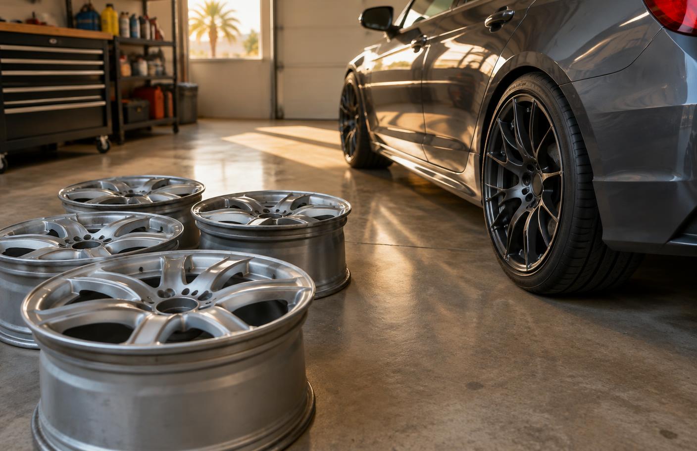 Original factory wheels stored in a garage beside a car on aftermarket wheels