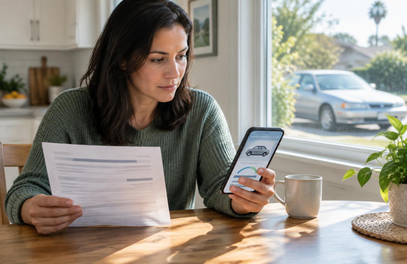 A car owner comparing a payoff statement with a vehicle valuation