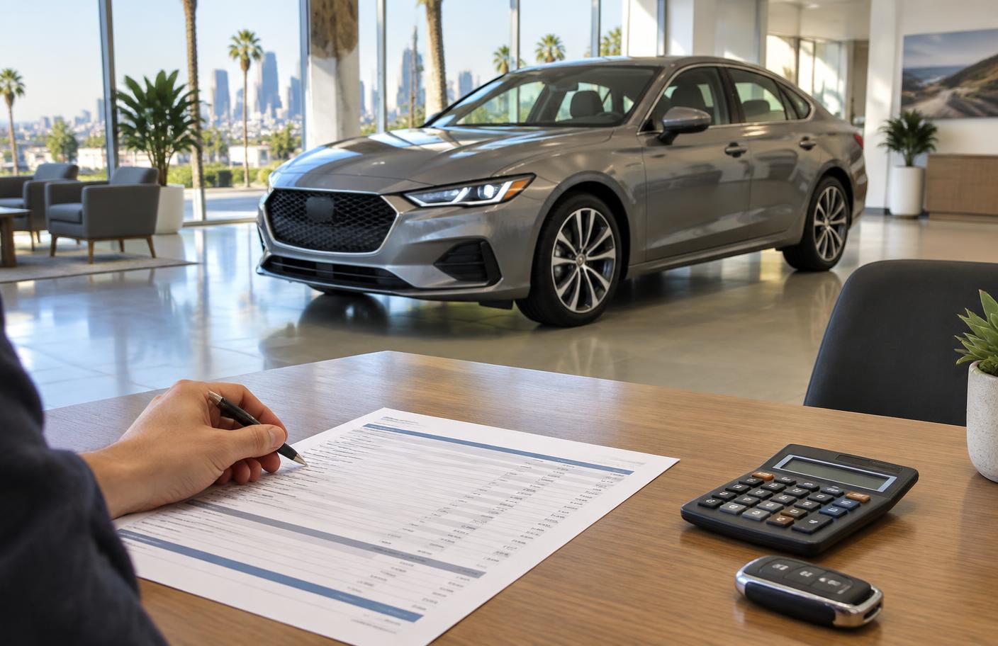 A new car beside an itemised purchase worksheet in a Los Angeles showroom