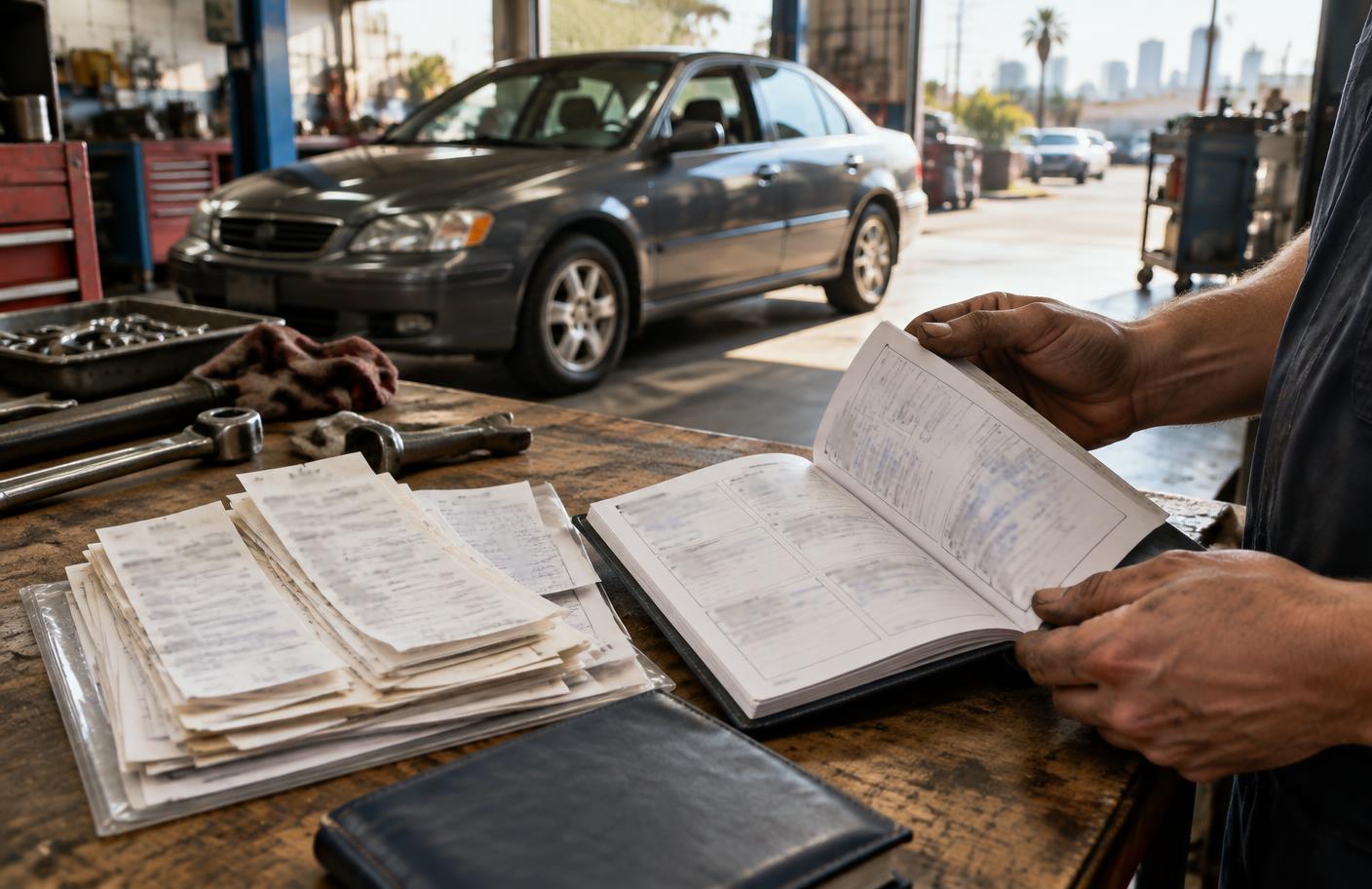A mechanic reviewing a used car's service records in a Los Angeles garage