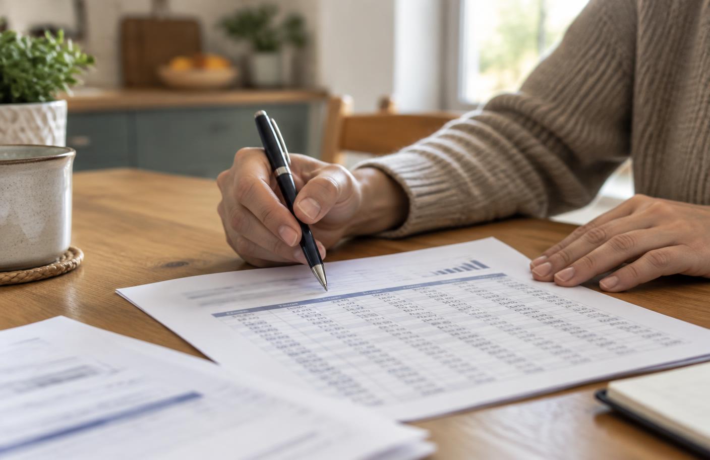 Hands reviewing a loan statement at a kitchen table