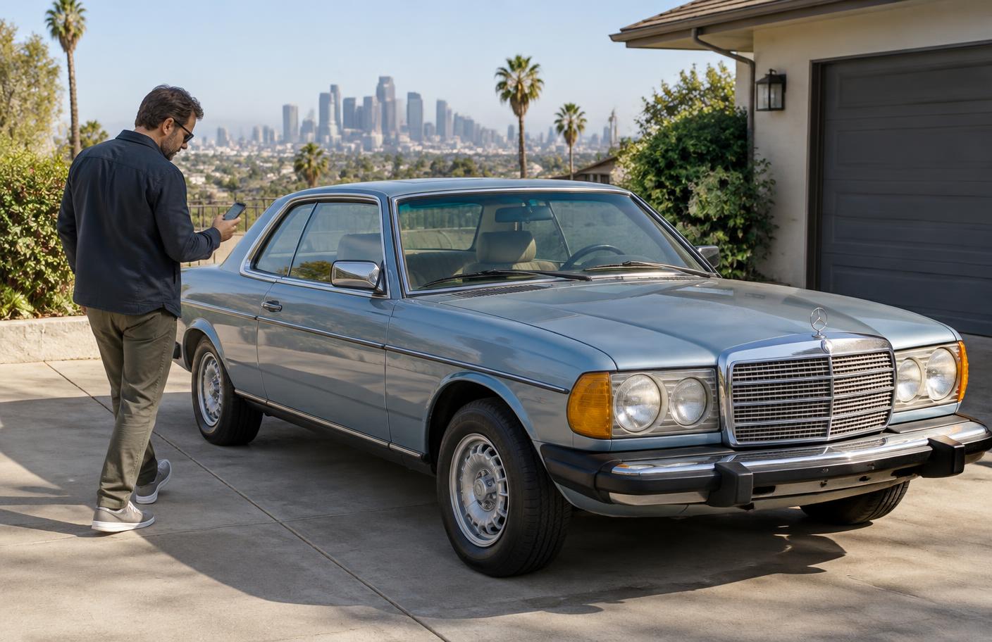 An owner appraising their current car on a Los Angeles driveway