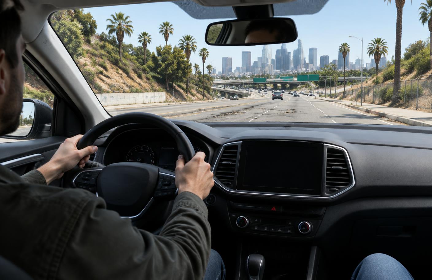 A driver testing a used car on a varied Los Angeles road