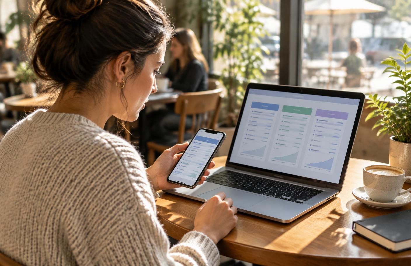 A buyer comparing finance offers on a laptop and phone at a café table